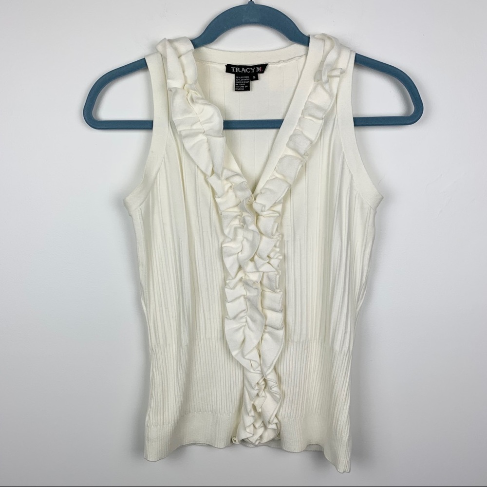 Tracy M Ruffle Button V Neck Ribbed Knit Tank - Picture 3 of 8
